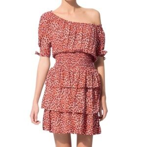 Maje size 1/small orange white print mini dress smocked waist tiered ruffled